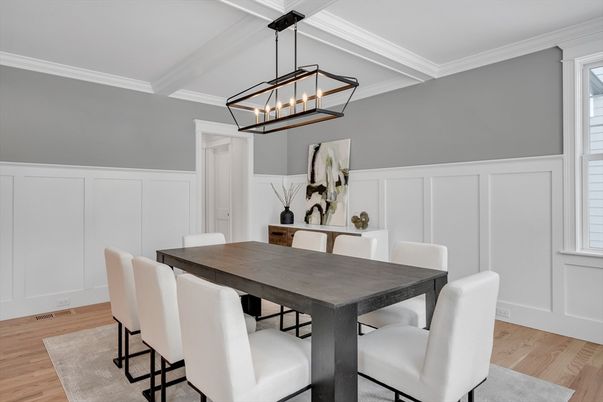 Dining room, Interior, Pendant Lights, Wood Texture Flooring