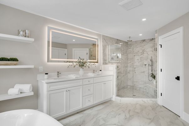 Bathroom, Dual Sink Vanities, Glass Shower, Interior, Marble, Marble Walls, Recessed Lighting