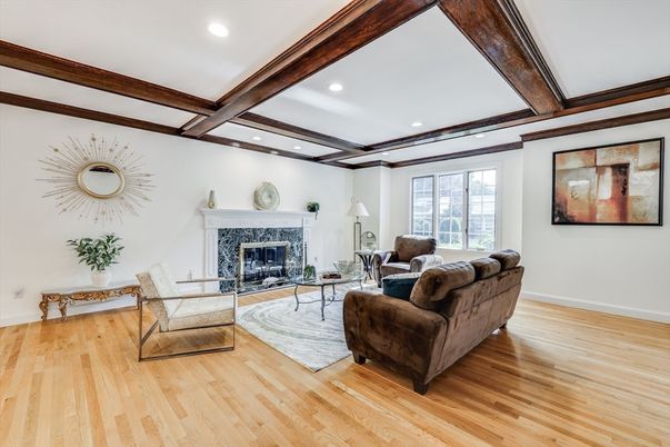 Fireplace, Interior, Living room, Recessed Lighting, Wooden Beams, Wood Texture Flooring