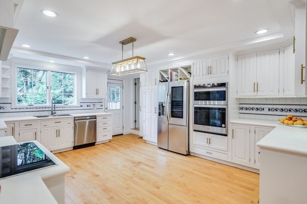Interior, Kitchen, Pendant Lights, Recessed Lighting, Stainless Steel Appliances, Wood Texture Flooring