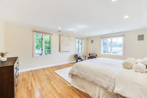 Bedroom, Interior, Recessed Lighting, Wood Texture Flooring