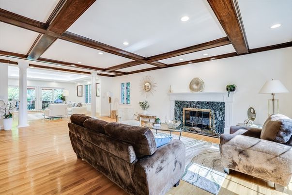 Fireplace, Interior, Living room, Recessed Lighting, Wooden Beams, Wood Texture Flooring