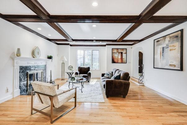 Fireplace, Interior, Living room, Recessed Lighting, Wooden Beams, Wood Texture Flooring
