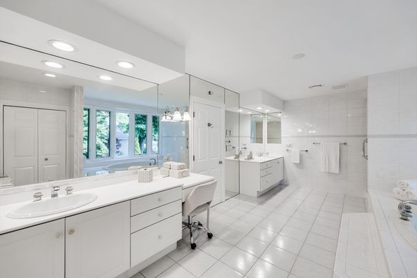 Bathroom, Dual Sink Vanities, Glass Shower, Interior, Pendant Lights, Recessed Lighting