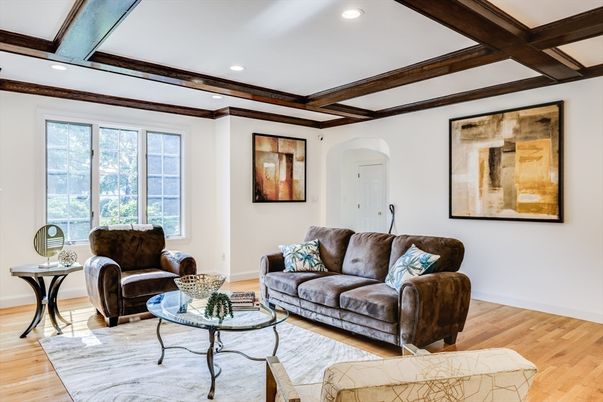 Interior, Living room, Recessed Lighting, Wooden Beams, Wood Texture Flooring