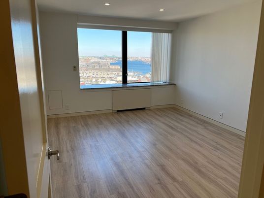 Empty room, Interior, Recessed Lighting, Water, Wood Texture Flooring
