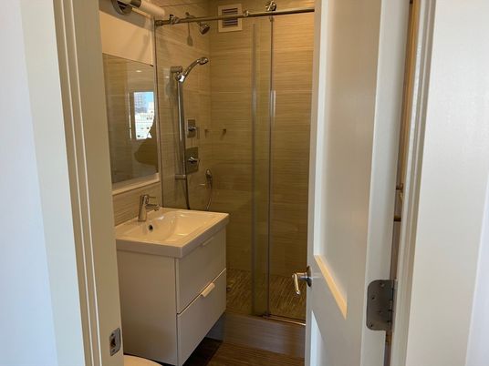 Bathroom, Glass Shower, Interior, Wood Texture Flooring