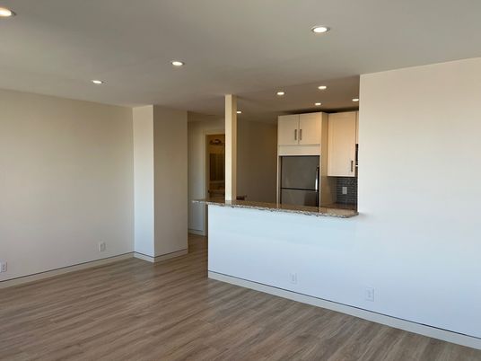 Empty room, Interior, Kitchen, Recessed Lighting, Wood Texture Flooring