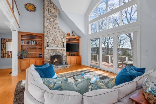 Fireplace, Interior, Living room, Stone Walls, Wood Texture Flooring