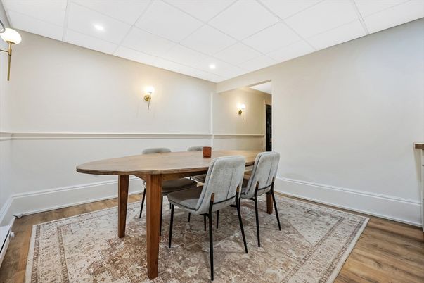 Dining room, Interior, Recessed Lighting, Wood Texture Flooring