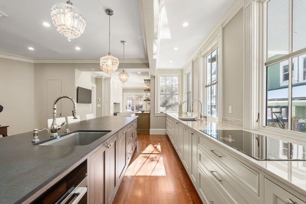 Chandelier, Interior, Kitchen, Pendant Lights, Recessed Lighting, Wood Texture Flooring