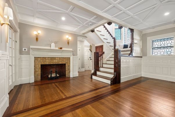 Fireplace, Interior, Recessed Lighting, Wood Texture Flooring