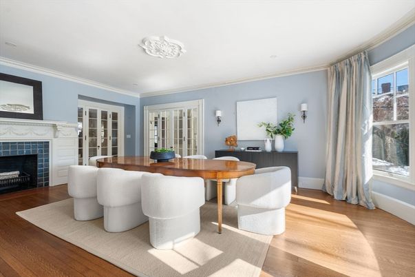 Dining room, Fireplace, Interior, Wood Texture Flooring