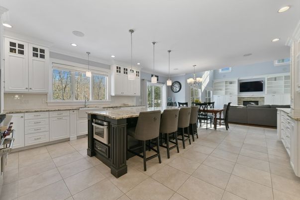 Chandelier, Dining room, Fireplace, Interior, Kitchen, Living room, Pendant Lights, Recessed Lighting