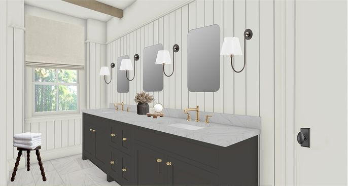 Bathroom, Dual Sink Vanities, Interior, Marble, Wooden Beams