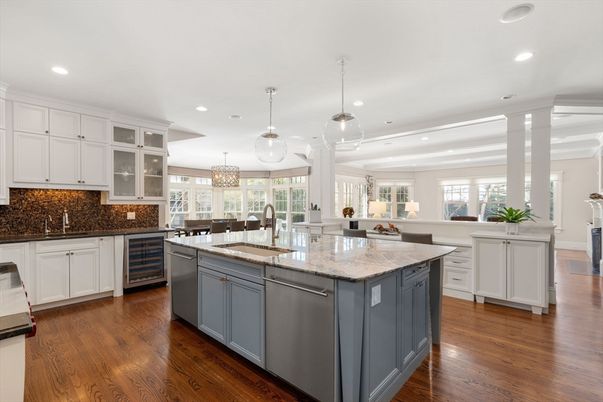 Chandelier, Interior, Kitchen, Pendant Lights, Recessed Lighting, Stainless Steel Appliances, Wood Texture Flooring