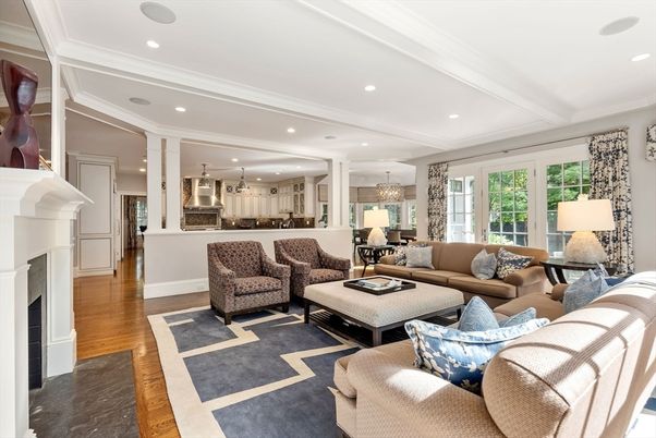 Dining room, Fireplace, Interior, Kitchen, Living room, Pendant Lights, Recessed Lighting, Wood Texture Flooring
