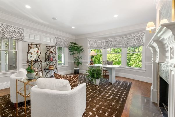 Fireplace, Home Office, Interior, Living room, Recessed Lighting, Wood Texture Flooring