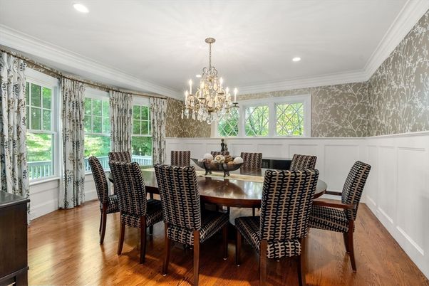 Chandelier, Dining room, Interior, Recessed Lighting, Wood Texture Flooring