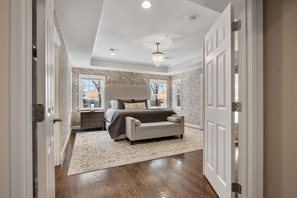 Bedroom, Chandelier, Interior, Recessed Lighting, Wood Texture Flooring