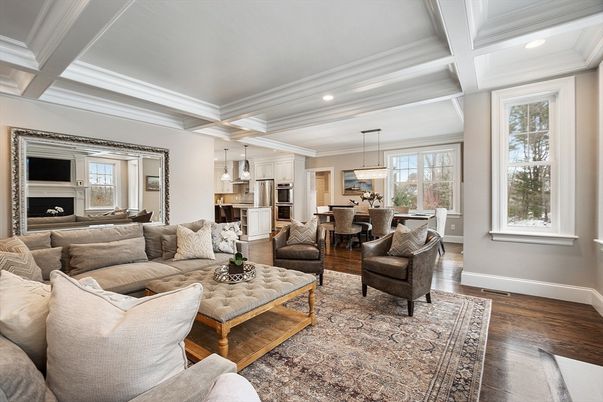 Dining room, Fireplace, Interior, Kitchen, Living room, Pendant Lights, Recessed Lighting, Stainless Steel Appliances, Wood Texture Flooring