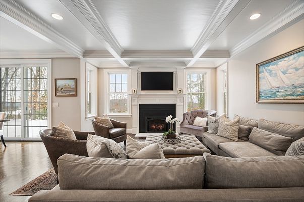 Fireplace, Interior, Living room, Recessed Lighting, Wood Texture Flooring