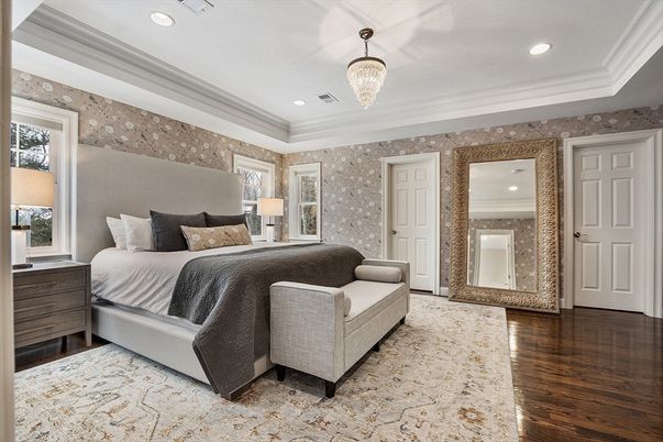 Bedroom, Chandelier, Interior, Recessed Lighting, Wood Texture Flooring