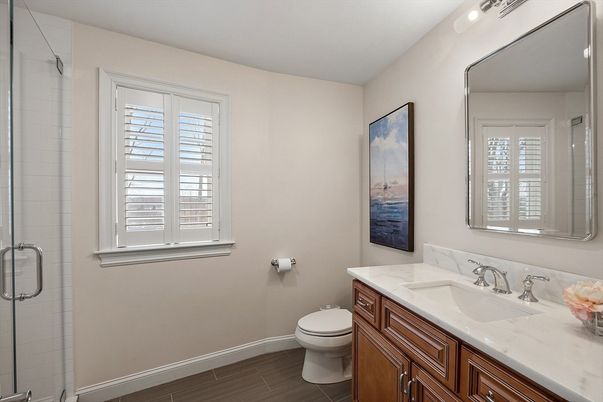 Bathroom, Glass Shower, Interior, Wood Texture Flooring