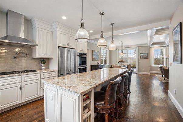 Dining room, Interior, Kitchen, Pendant Lights, Recessed Lighting, Stainless Steel Appliances, Wood Texture Flooring