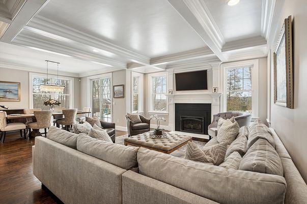 Dining room, Fireplace, Interior, Living room, Pendant Lights, Recessed Lighting, Wood Texture Flooring