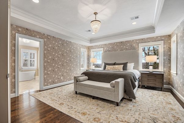 Bedroom, Chandelier, Interior, Recessed Lighting, Wood Texture Flooring