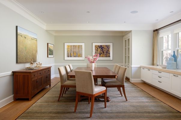 Dining room, Interior, Recessed Lighting, Wood Texture Flooring