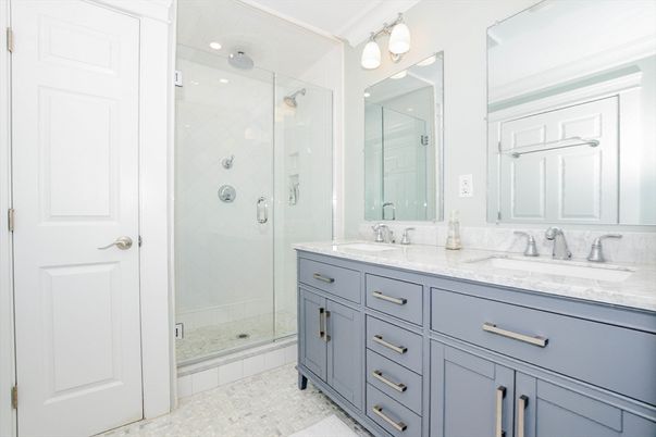 Bathroom, Dual Sink Vanities, Glass Shower, Interior, Recessed Lighting