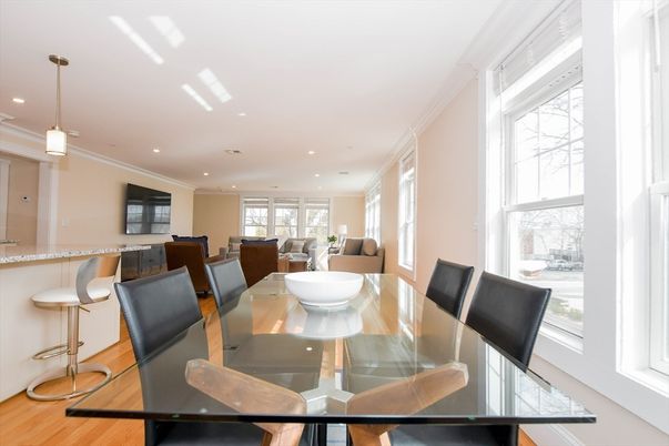 Dining room, Interior, Living room, Pendant Lights, Recessed Lighting, Wood Texture Flooring