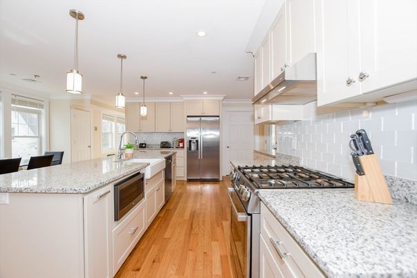 Interior, Kitchen, Pendant Lights, Recessed Lighting, Stainless Steel Appliances, Wood Texture Flooring