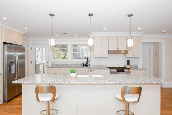 Interior, Kitchen, Pendant Lights, Recessed Lighting, Stainless Steel Appliances, Wood Texture Flooring