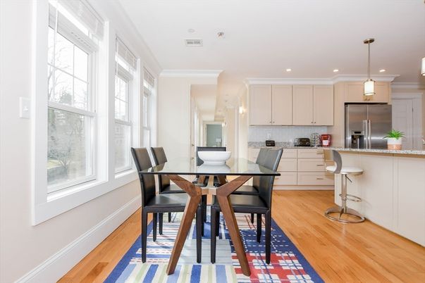 Dining room, Interior, Kitchen, Pendant Lights, Recessed Lighting, Stainless Steel Appliances, Wood Texture Flooring