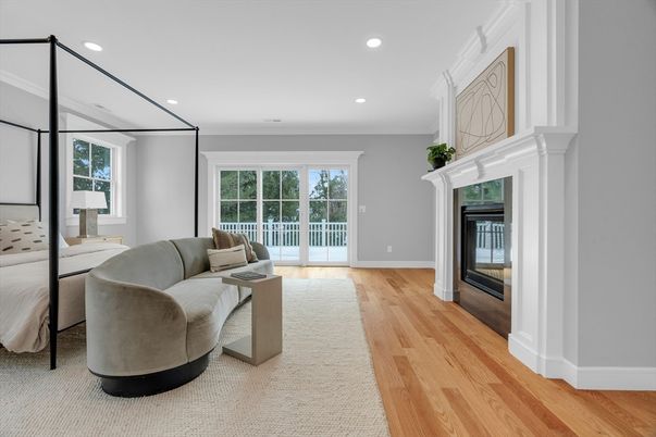 Bedroom, Fireplace, Interior, Recessed Lighting, Wood Texture Flooring