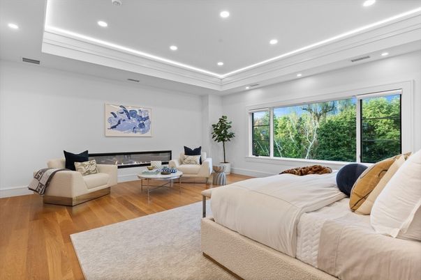 Bedroom, Fireplace, Interior, Recessed Lighting, Wood Texture Flooring