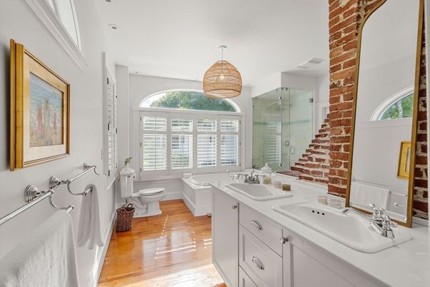 Bathroom, Dual Sink Vanities, Glass Shower, Interior, Wood Texture Flooring