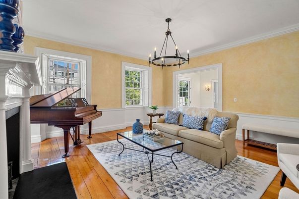 Chandelier, Fireplace, Interior, Living room, Piano, Wood Texture Flooring