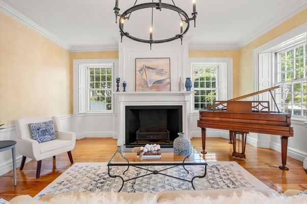 Fireplace, Interior, Living room, Pendant Lights, Piano, Wood Texture Flooring