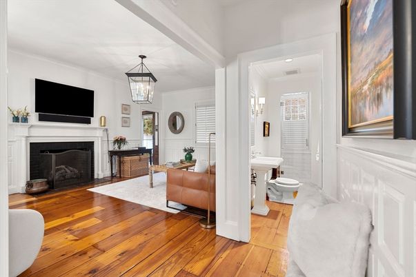 Bathroom, Fireplace, Interior, Pendant Lights, Recessed Lighting, Wood Texture Flooring