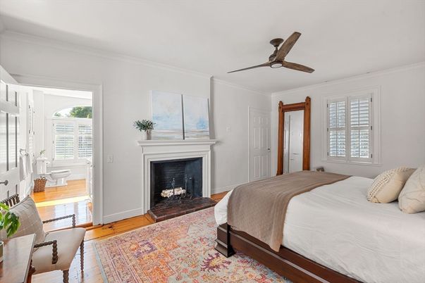 Bedroom, Fireplace, Interior, Wood Texture Flooring