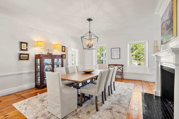 Dining room, Fireplace, Interior, Pendant Lights, Wood Texture Flooring