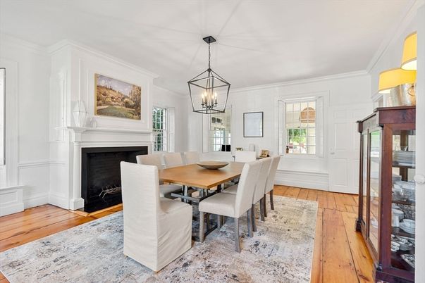 Dining room, Fireplace, Interior, Pendant Lights, Wood Texture Flooring