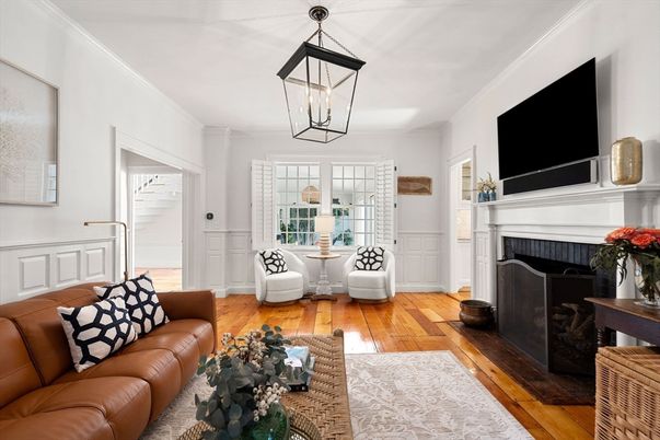 Fireplace, Interior, Living room, Pendant Lights, Wood Texture Flooring