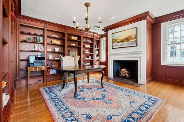 Chandelier, Fireplace, Home Office, Interior, Wood Texture Flooring