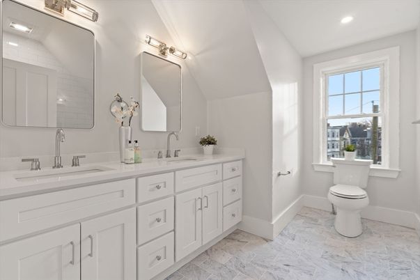Bathroom, Dual Sink Vanities, Interior, Marble, Recessed Lighting