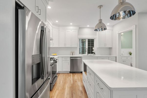 Interior, Kitchen, Pendant Lights, Recessed Lighting, Stainless Steel Appliances, Wood Texture Flooring